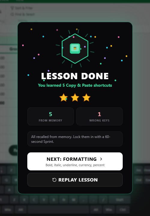 Excel Ninja's lesson result: three stars, five shortcuts recalled from memory