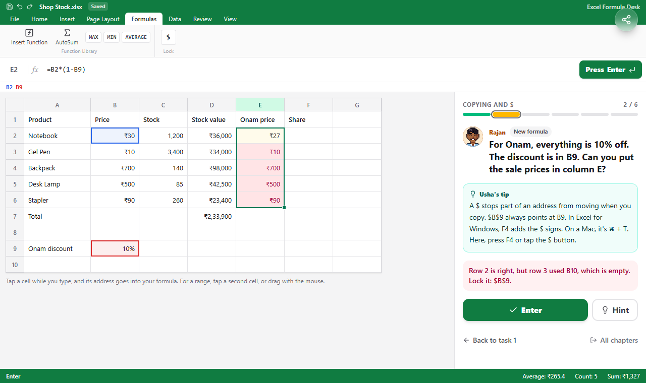 Excel Formula Desk: the copied formula used B10 instead of B9, and the wrong rows are pink