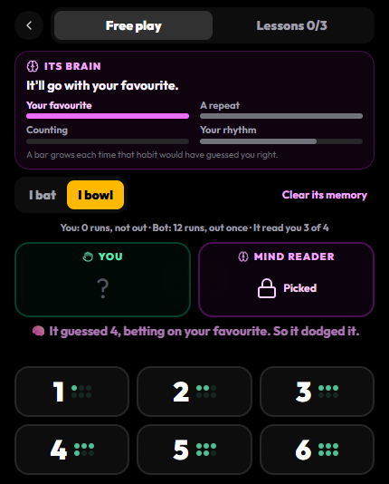 Practice mode, with the bot's brain showing